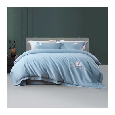 水星家纺60支长绒棉床上四件套纯棉100%纯棉高级感套件1.5m床 天鹅 灰蓝